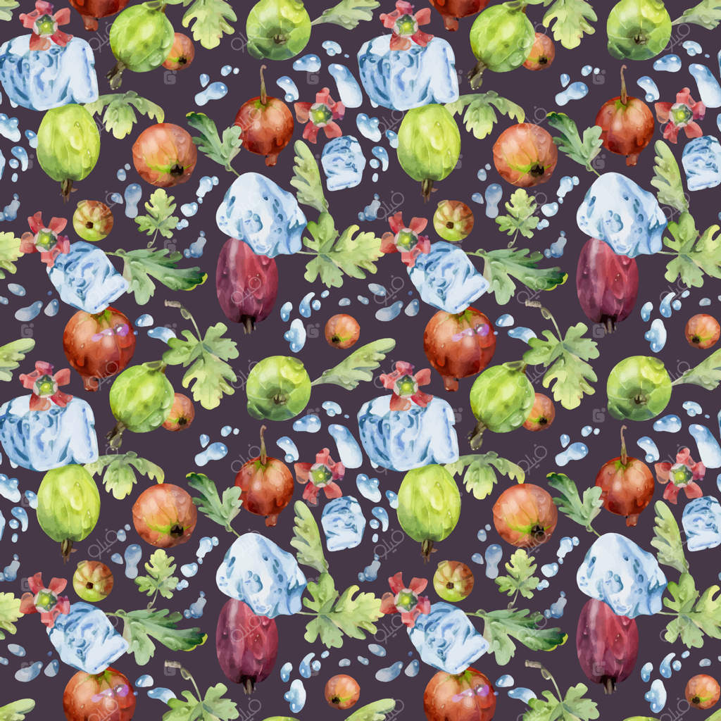 پترن یکپارچه از انگور فرنگی و سه‌رنگ با قطرات شبنم و گل‌ها در پس‌زمینه تاریک، طراحی شده با آبرنگ. مناسب برای کاغذ کادو و بسته‌بندی.