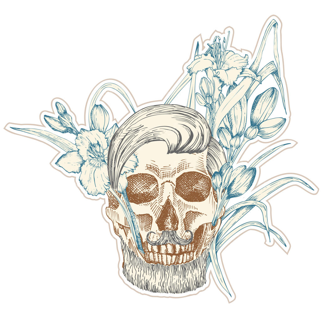 استیکر وینتیج جمجمه انسان با تاج گل‌های لیلیوم. هنر کلاژ به سبک زین. مفهوم آرایشگاه هیپستر. طراحی تتو و تی‌شرت. طرح دست‌کشیده واقع‌گرایانه از سر اسکلت