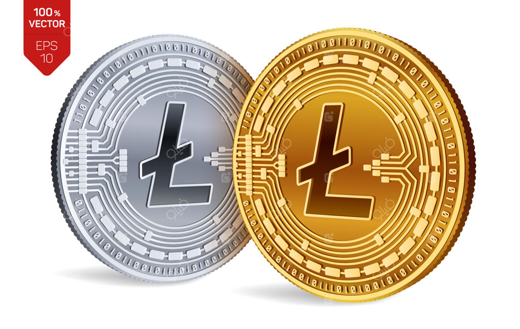 سکه‌های طلایی و نقره‌ای با نماد لایت‌کوین بر روی پس‌زمینه سفید.