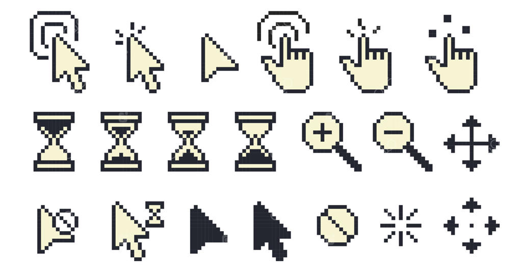نشانگرهای پیکسلی: آیکون‌های رترو وینتیج دست و پیکان اشاره‌گر، نشانگرهای موس بازی‌های قدیمی ۸ بیتی برای کلیک و لمس. مجموعه‌ای از نشانگرهای پیکسلی مجزا
