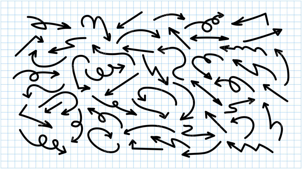 مجموعه‌ای از فلش‌های دستی کشیده شده به صورت خطوط مشکی. نمادهای ساده فلش. نمونه‌های فلش منحنی، خط‌خطی و زیگزاگ. نشانگر جهت‌دار تخت با خطوط نازک مشکی روی پس‌زمینه آبی شبکه‌ای.