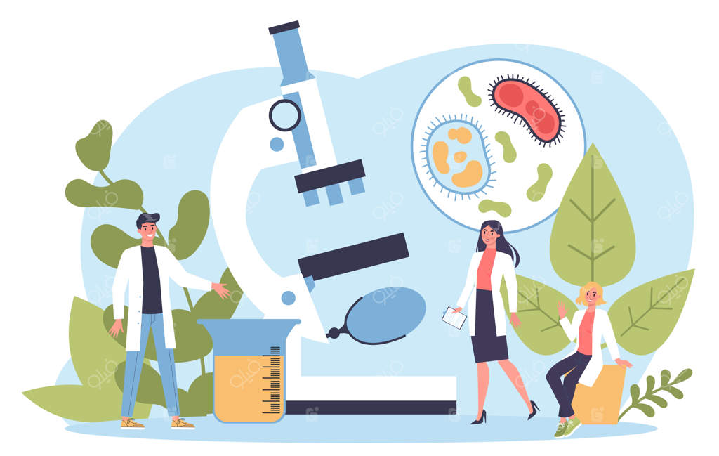 علم زیست شناسی: تجزیه و تحلیل آزمایشگاه توسط افراد با میکروسکوپ. مفهوم آموزش و آزمایش.