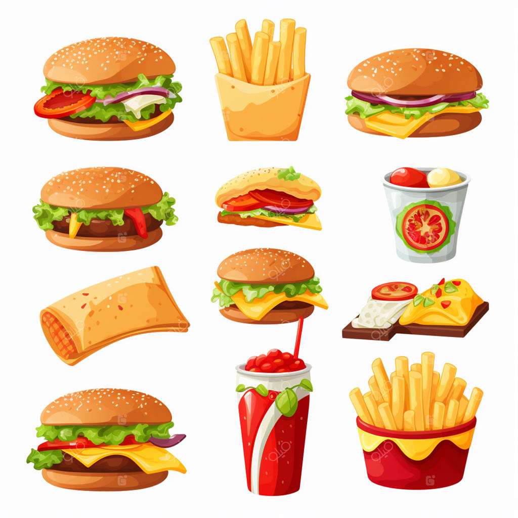 تصویرسازی وکتور همبرگر و آیکون غذاهای فست فود، پیتزا و ساندویچ برای منوی رستوران