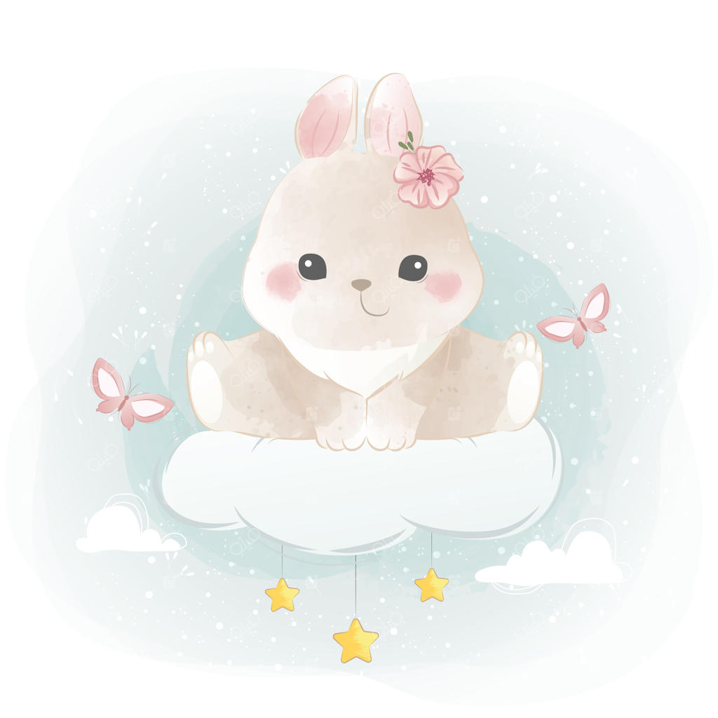 خرگوش کوچولوی بامزه بر روی ابر نشسته است