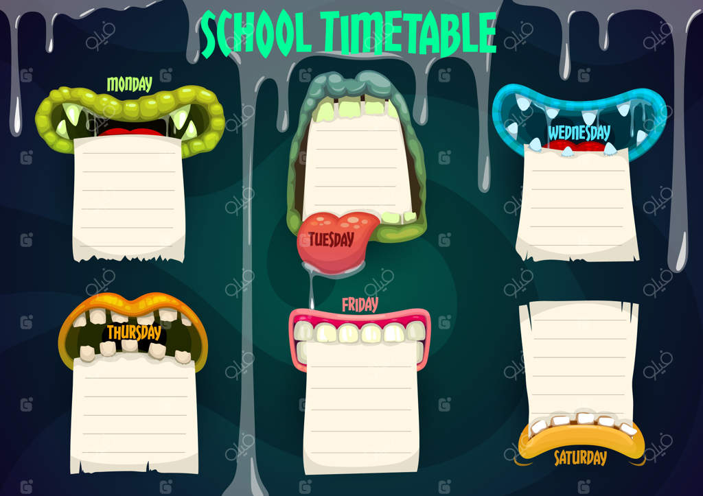 برنامه‌ زمان‌بندی آموزشی با دهان‌های هیولا کارتونی