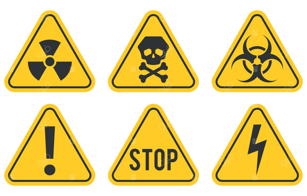 مجموعه‌ای از علائم هشدار زرد: نمادهای خطر مثلثی با جمجمه، تشعشع، خطر بیولوژیکی، برق، علامت تعجب و متن توقف. علامت‌های اخطار ایمنی، پزشکی و زیستی.