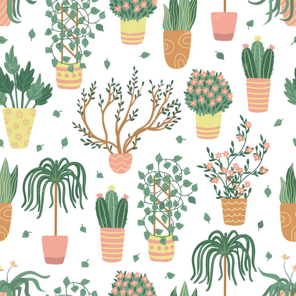 طرح یکپارچه گیاهان آپارتمانی بر روی زمینه سفید. تصویرسازی مسطح و دست‌کشیده. گیاهان گلدانی در باغ. مناسب برای پارچه‌ها، کاغذهای کادو، کاغذ دیواری و جلدها.