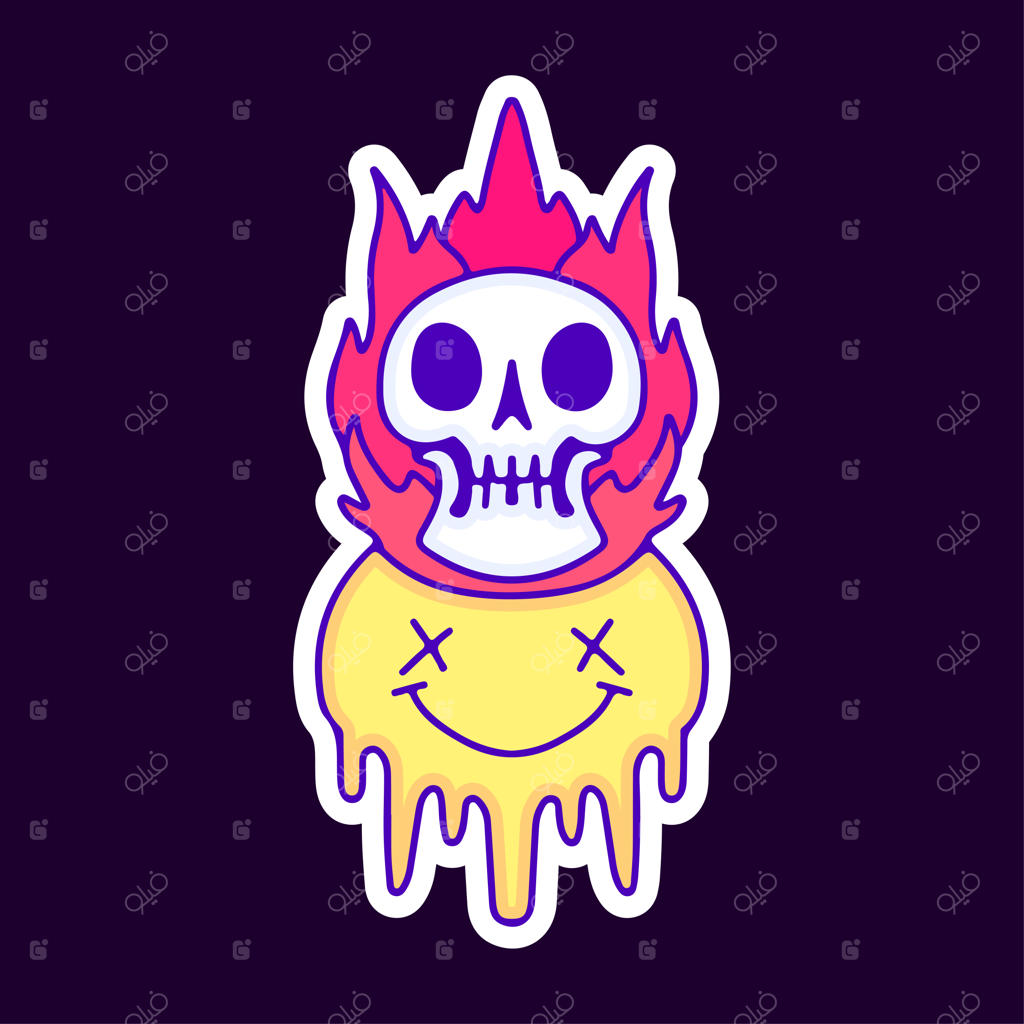 طرح لبخند ذوب‌شده و جمجمه شعله‌ور، مناسب برای تیشرت و استیکر.