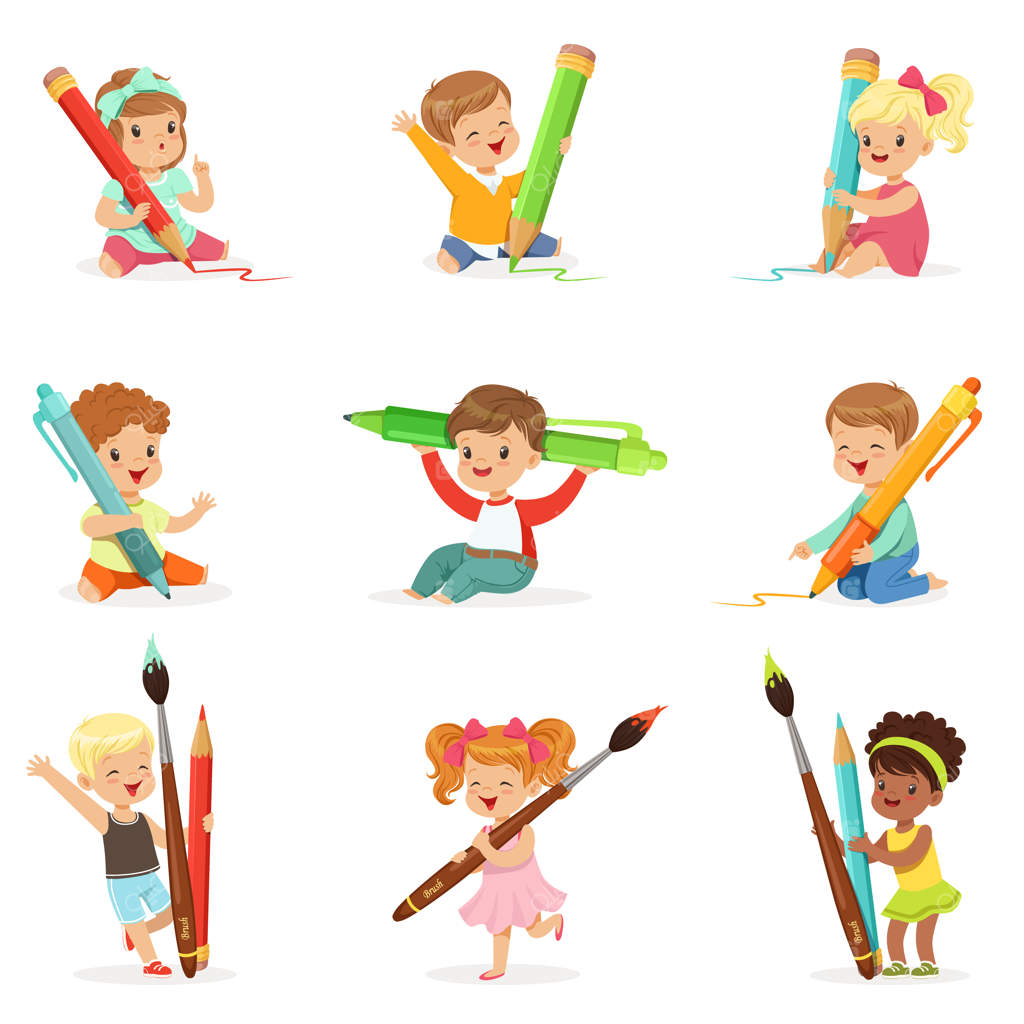 کودکان بامزه ای که مداد و خودکار بزرگی دارند