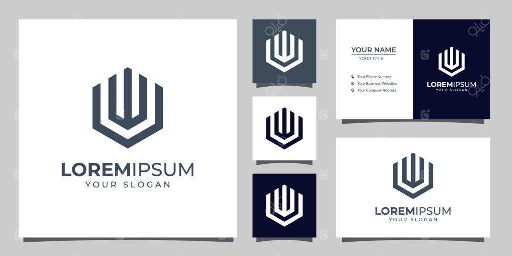 لوگوی مونوگرام حروف U و W همراه با طرح کارت ویزیت