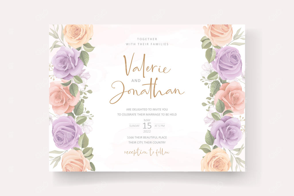 طراحی کارت دعوت عروسی با طرح گل‌های نرم و برگ‌ها