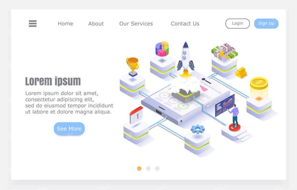 طراحی مدرن فلت، استارت‌آپ کسب‌وکار، موشک با عناصر اینفوگرافیکی، تصویر ایزومتریک در پس‌زمینه سفید، پروژه برای سایت.