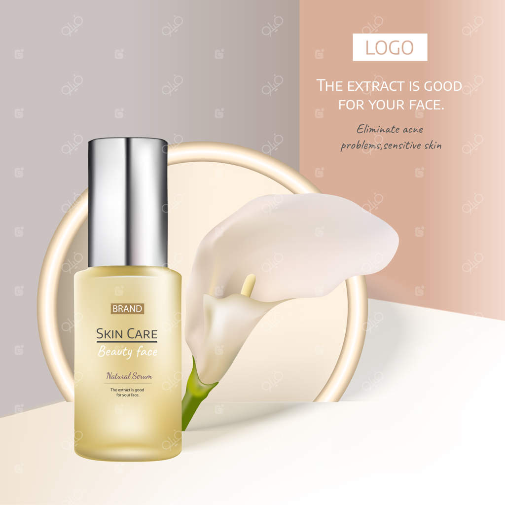 مفهوم زیبایی‌شناسی مراقبت از پوست: لوازم آرایشی با ویتامین و کلاژن همراه با گل‌ها.