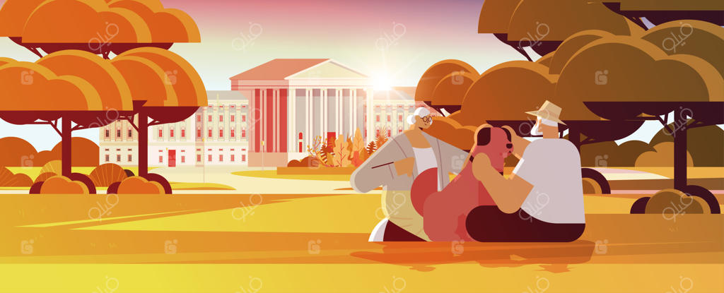 مفهوم آرامش در بازنشستگی: زوج سالمند در حال گذراندن وقت با سگ کوچکشان