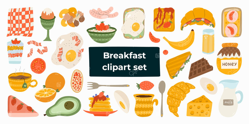 مجموعه بزرگی از غذاها و نوشیدنی‌های صبحانه: تنوعی از وعده‌ های غذایی شامل گیاهی، سالم، سرخ‌شده و گوشتی. محصولات محبوبی مانند تخم‌مرغ، اوتمیل، شیر، آووکادو، نان تست، قهوه، کروسان، چیـا و پنکیک.