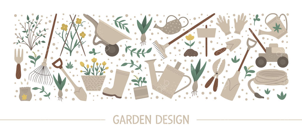 طرح وکتور افقی با ابزار باغبانی، گل‌ها، گیاهان دارویی و گیاهان. بنر تجهیزات باغبانی، دعوت‌نامه مهمانی یا پس‌زمینه. کارت بهاری زیبا و بامزه.