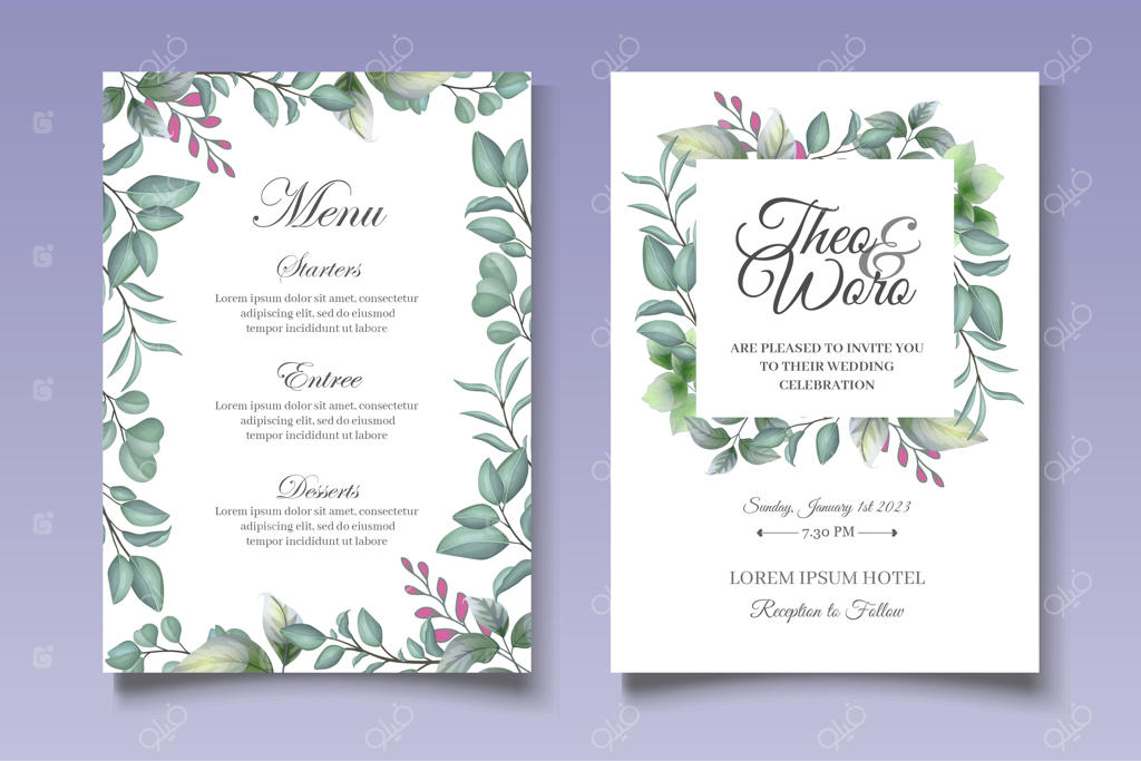 دعوتنامه عروسی با طرح دست کشیده گل‌ها و سبزه‌ها