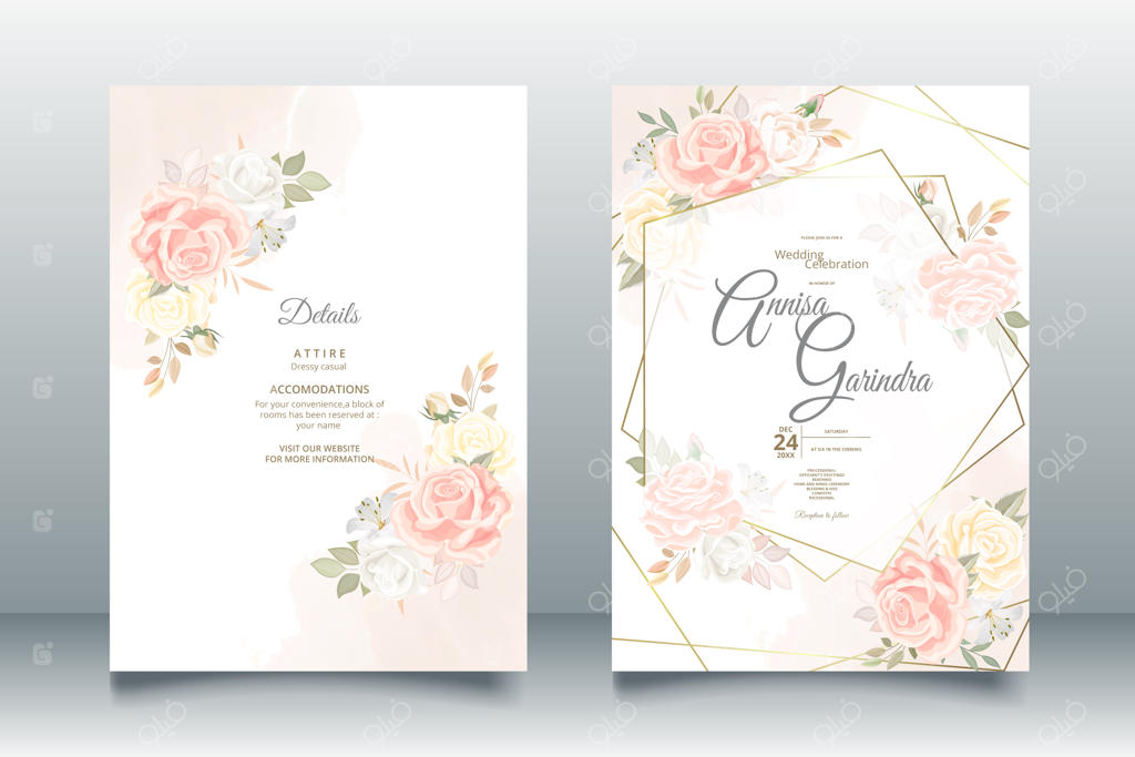 مجموعه قالب کارت دعوت عروسی رمانتیک با برگ‌های گل زیبا - وکتور با کیفیت بالا