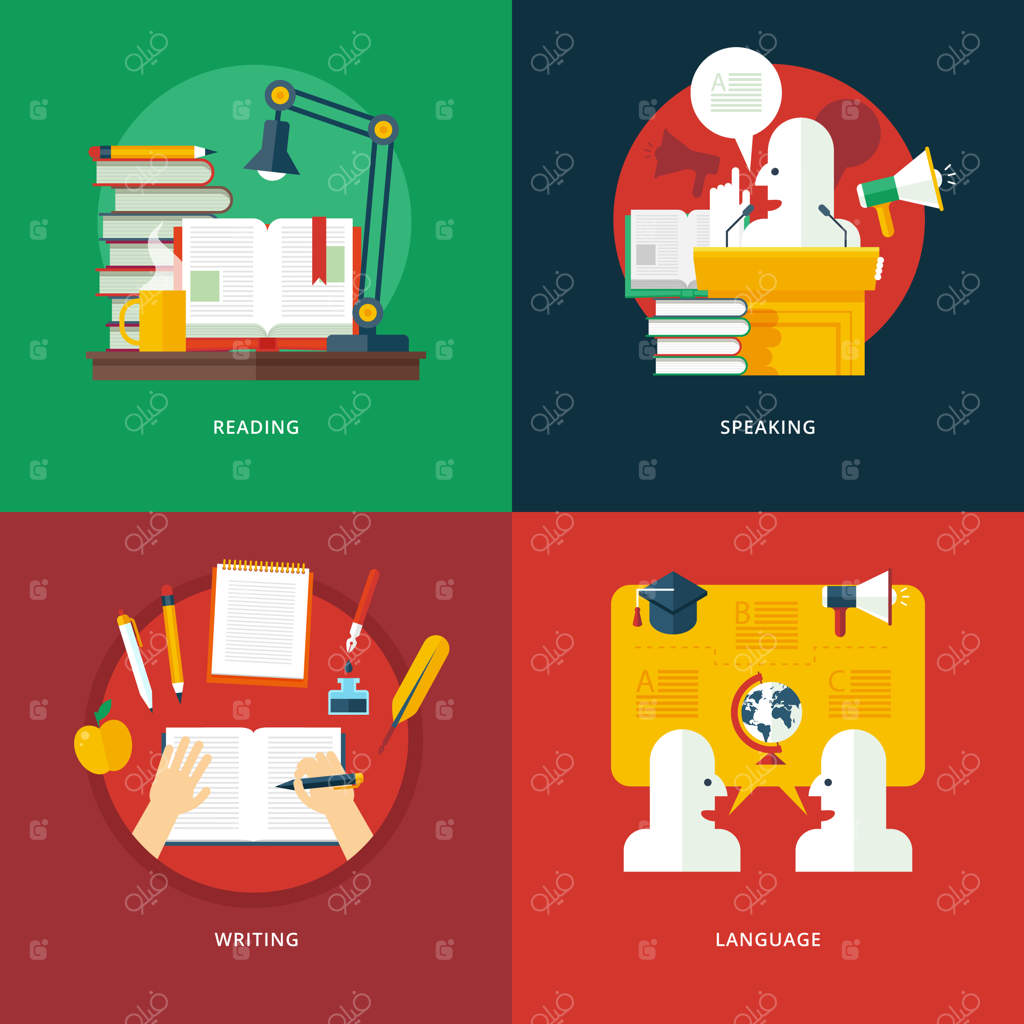 مجموعه‌ای از مفاهیم تصویرسازی برای دروس خواندن، صحبت کردن، نوشتن و زبان. ایده‌هایی برای آموزش و دانش. هنر سخنوری و فصاحت.