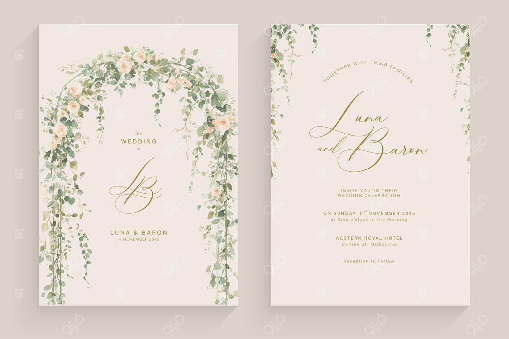 کارت دعوت عروسی هنری با طرح آبرنگی شاخ و برگ سبز