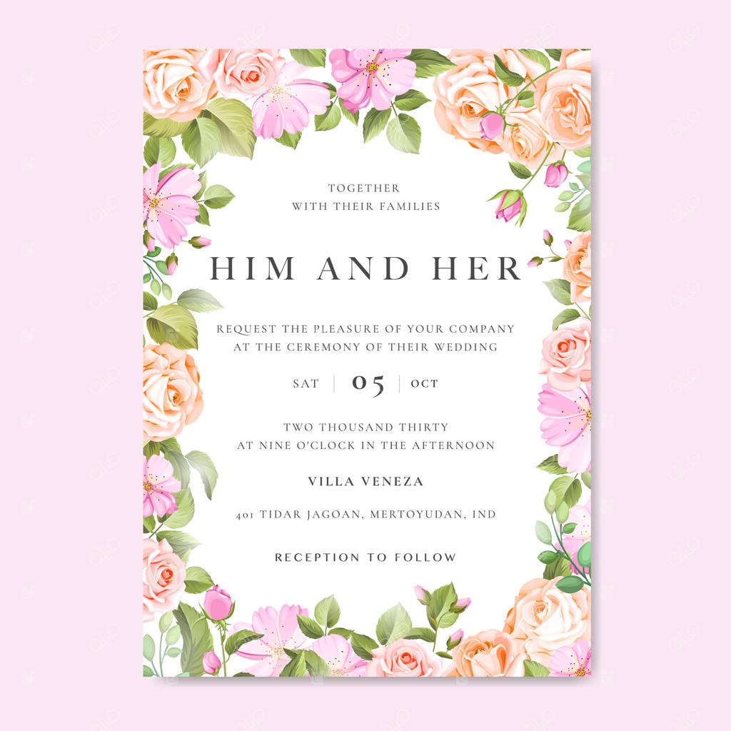 کارت دعوت عروسی با طرح گل‌ها و برگ‌های رنگارنگ