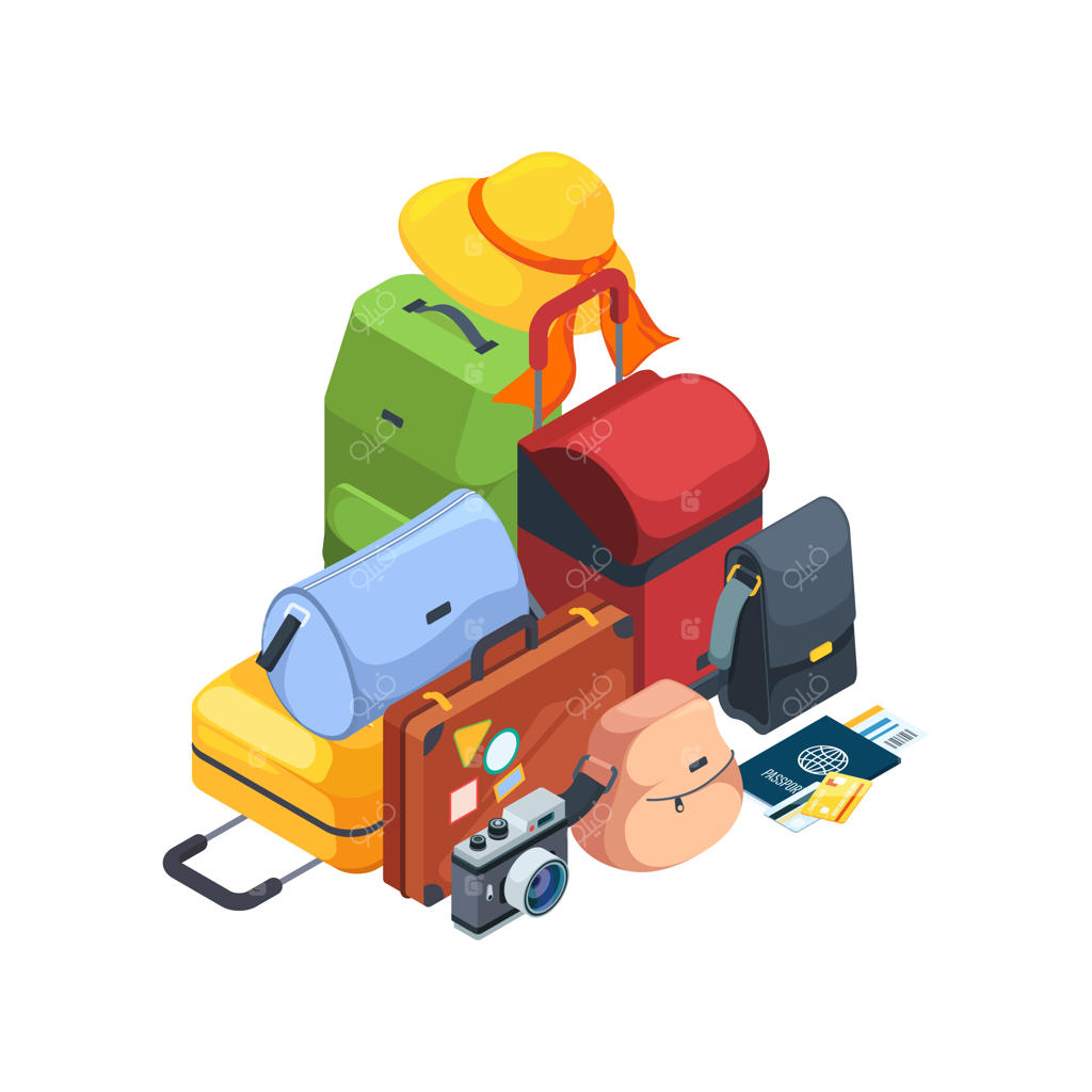 مجموعه کیف‌های مسافرتی فرودگاهی: پک سه‌بعدی ایزومتریک برای ماجراجویی‌های تابستانی - ست وکتور رنگارنگ