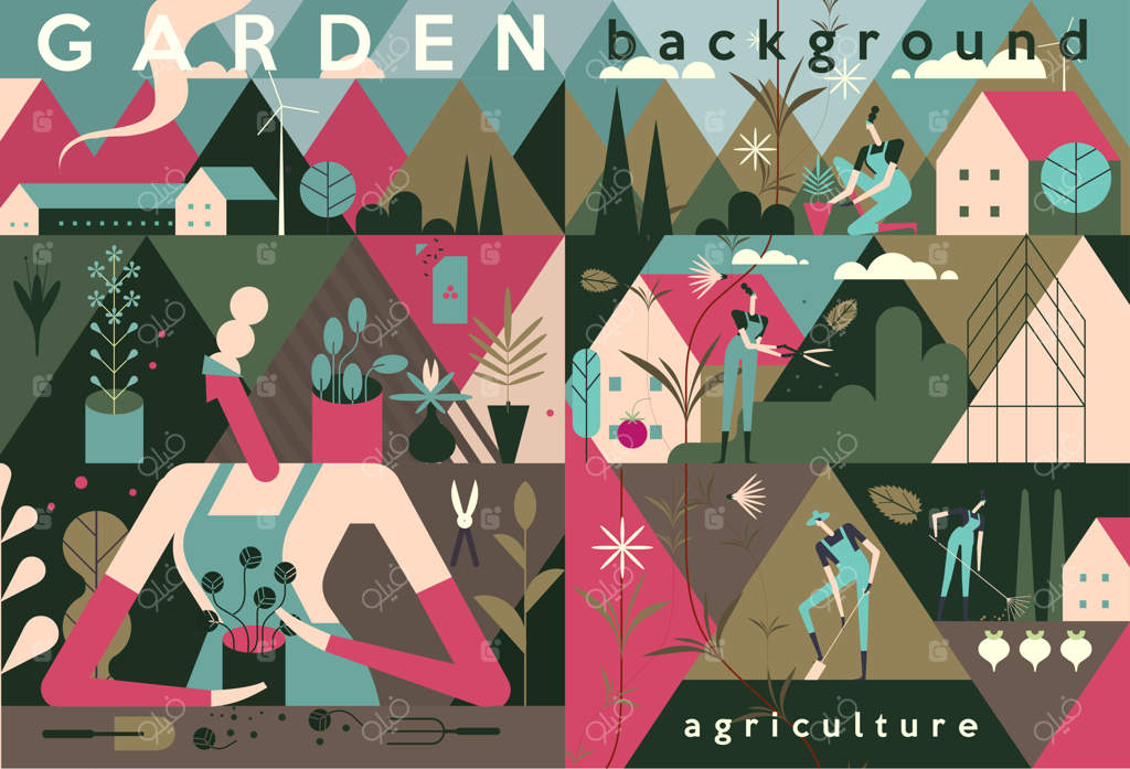 مردم در باغبانی و کشاورزی مشغولند: مناظر روستایی و اشیاء کشاورزی، رشد سبزیجات و کار در باغ (تصویرسازی وکتور مسطح)