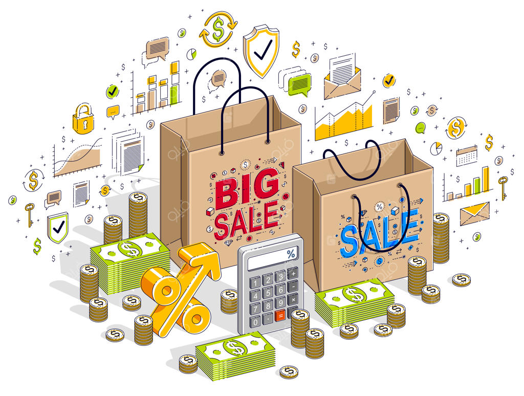 مفهوم فروش ویژه: تخفیفات، فروشگاه، خرید با ساک و پول نقد. تصویرسازی ایزومتریک سه‌بعدی با آیکون‌ها، نمودارها و المان‌های طراحی.