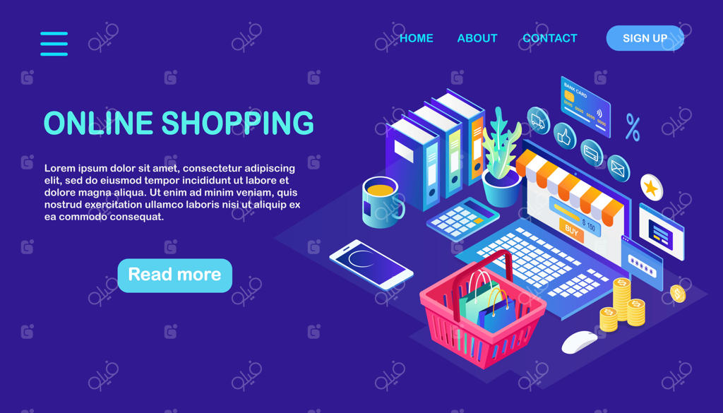 خرید آنلاین و مفهوم حراج: خرید از فروشگاه اینترنتی. رایانه ایزومتریک، سبد خرید، پول