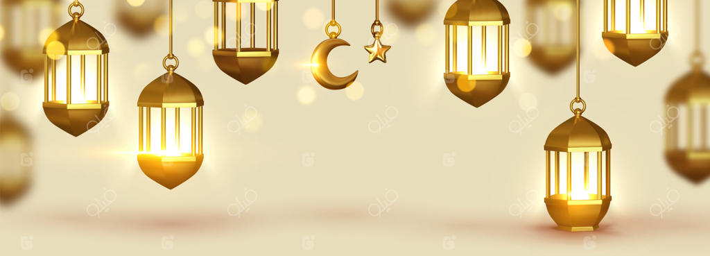 طرح سه‌بعدی با پس‌زمینه کرم: چراغ آویزی قدیمی عربی با طراحی شیک و شعله‌ور. لامپ دکوراتیو، ستاره‌های طلایی بر روی روبان و ماه طلایی هلالی. قالب بنر افقی و پوستر وب.