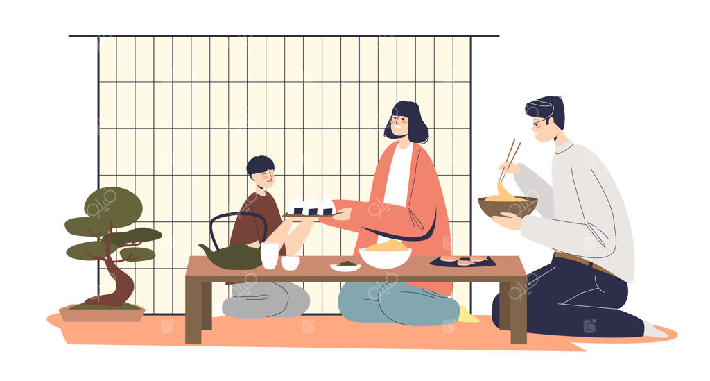 خانواده‌ ژاپنی در حال صرف شام، والدین جداگانه زندگی می‌کنند