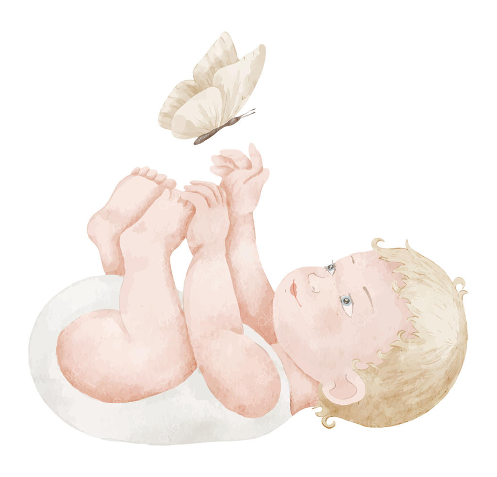 تصویر آبرنگ از نوزادی در حال بازی با پروانه. طراحی کودک برای کارت‌های تبریک جشن بیبی شاور یا دعوت‌نامه‌های مهمانی نوزاد. هنری از کودک دوست‌داشتنی در رنگ‌های ملایم و خنثی.