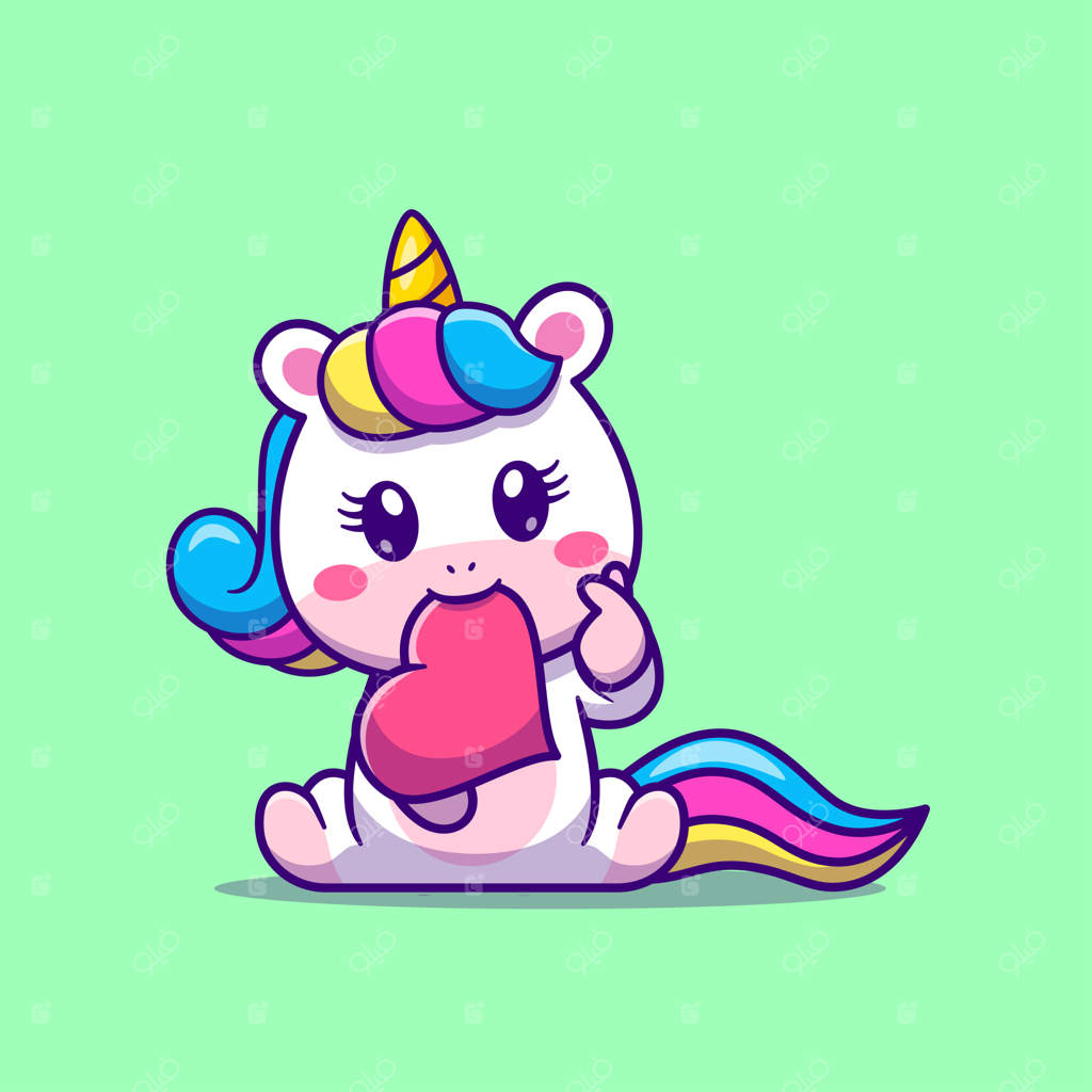 ایکن کارتونی یونیکورن بامزه با عشق و علامت قلب. مفهوم آیکن طبیعی حیوانات در وکتور پرمیوم. سبک کارتونی ساده.