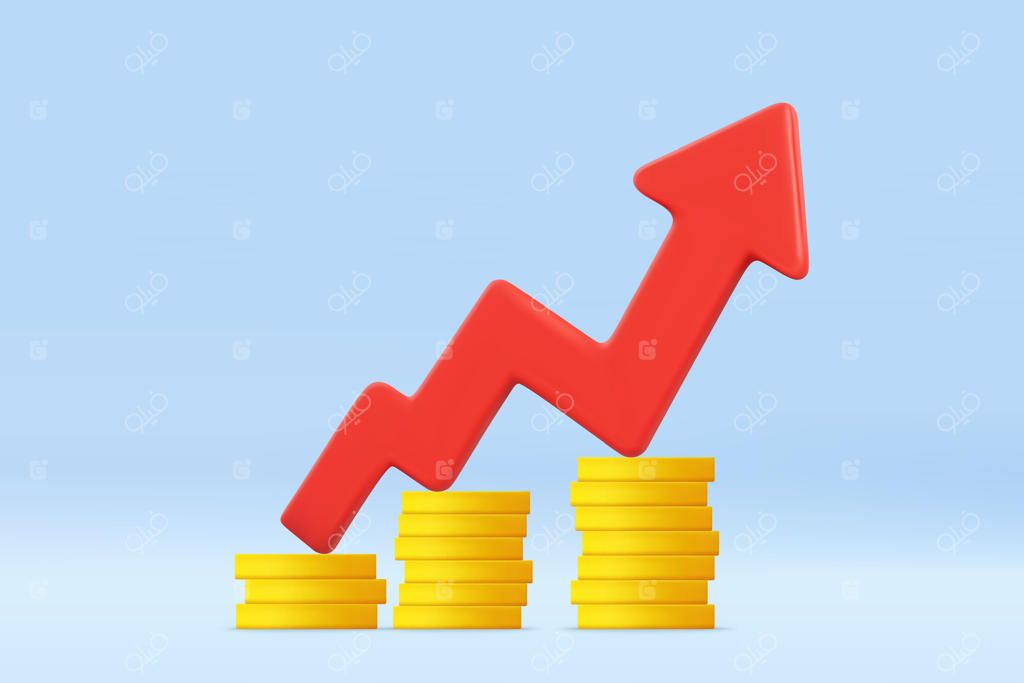 مفهوم رشد سود سه‌بعدی با سکه‌ها و فلش