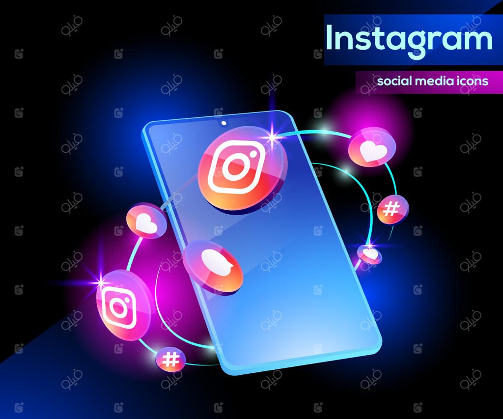 آیکون‌های سه‌بعدی و شیک لوگوی اینستاگرام همراه با گوشی هوشمند