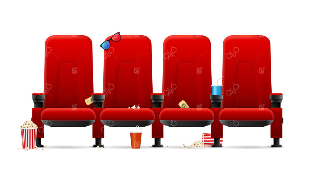 صندلی‌های سینمایی قرمز به صورت سه‌بعدی و با جزئیات واقعی. وکتور