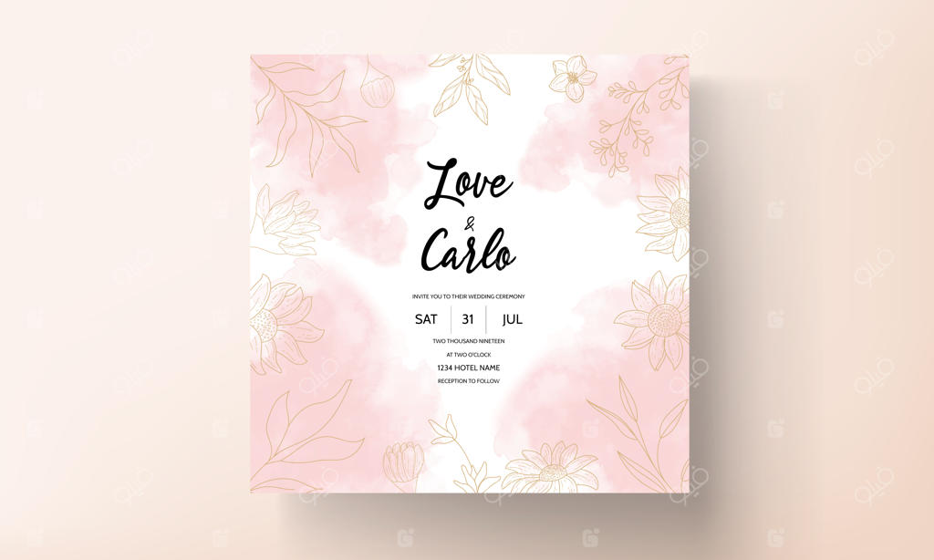 کارت دعوت عروسی با عناصر تزئینی گل‌های خطی دستی