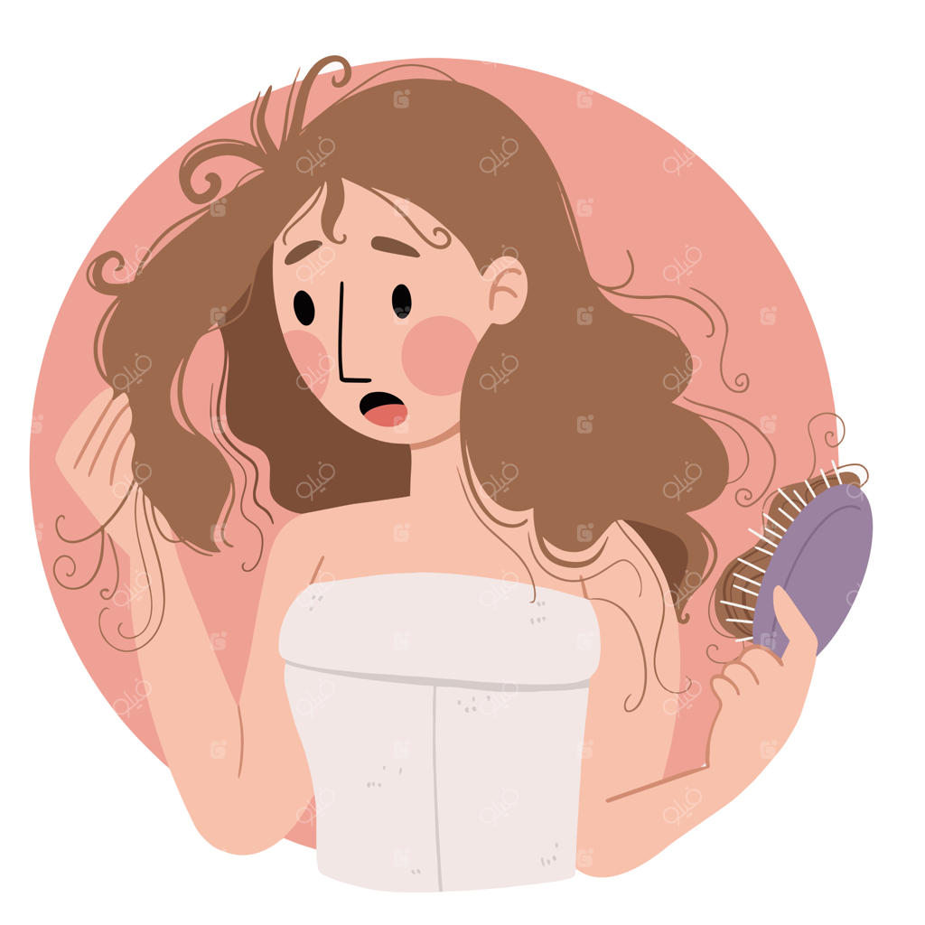 وکتور تصویرسازی زن با چهره‌ای پُر استرس و مشکل مو به سبک طراحی تخت