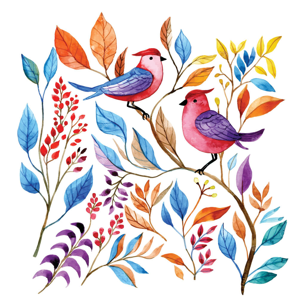 نقاشی آبرنگی زیبا با پرندگان رنگارنگ در باغ، همراه با گل‌ها و برگ‌های روشن و خندان