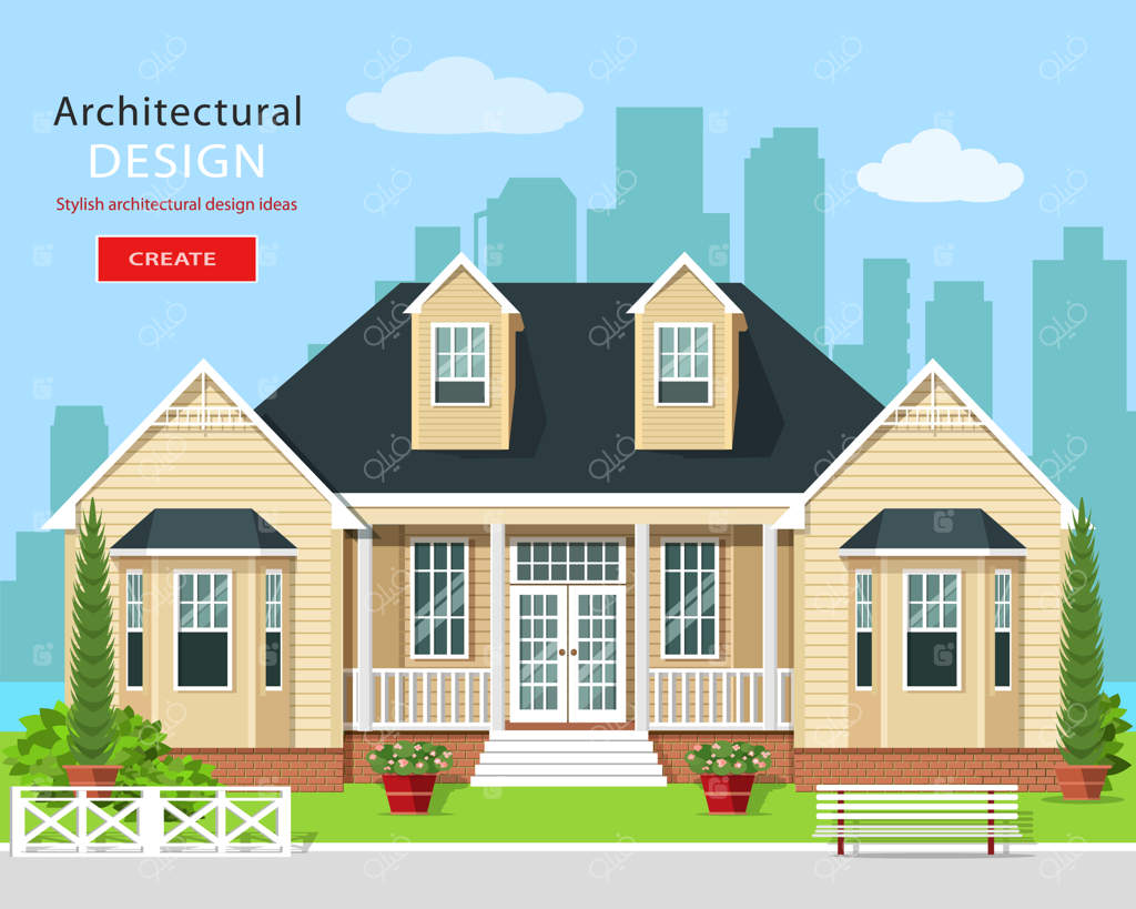 خانه خصوصی مدرن با طراحی گرافیکی همراه با درختان، گل‌ها و نمای افق شهر. املاک و مستغلات. ساختمان شیک و زیبا با حیاط. تصویرسازی.