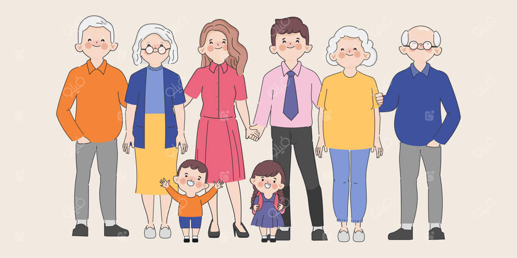 خانواده خوشحال: پدر، مادر، مادربزرگ، پدربزرگ و کودکان در طرح کارتونی