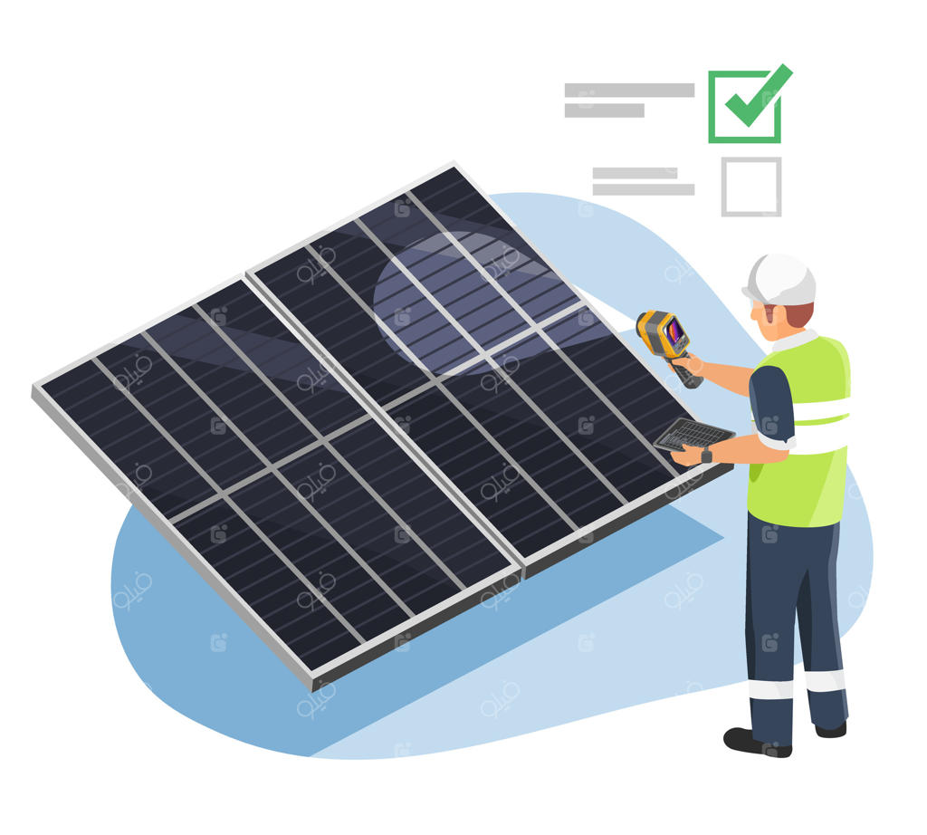 بازرسی مهندس از پنل‌های خورشیدی با دوربین حرارتی دستی برای تشخیص نقاط داغ و تضمین عملکرد بهینه در سیستم انرژی تجدیدپذیر