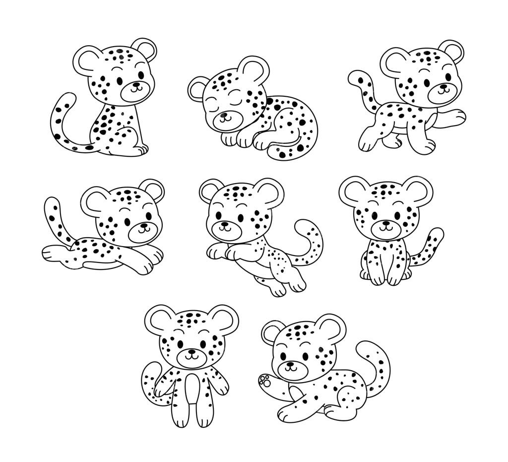 مجموعه نقاشی‌های جگوار، صفحه رنگ‌آمیزی یا کتابی از حیوانات برای کودکان، مجموعه‌ای از طرح‌های ساده و مینیمال جگوار در حالات مختلف.