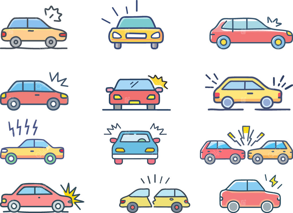 مجموعه آیکون‌های تصادف خودرو و بیمه به سبک کارتونی و رنگارنگ