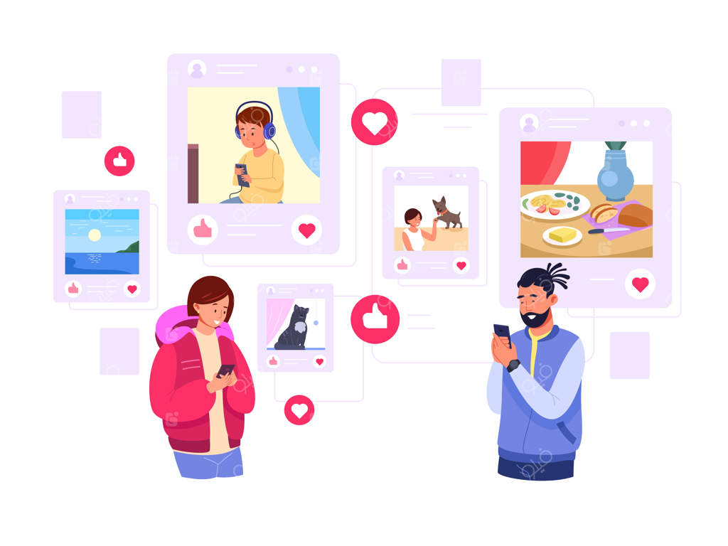 افراد در حال اشتراک‌گذاری لحظات در شبکه‌های اجتماعی: مردی در حال مرور پست‌های دوستانش در گوشی، زنی خالق محتوا که عکس‌هایش را با بلاگرها به اشتراک می‌گذارد و لایک‌ها را دریافت می‌کند.
