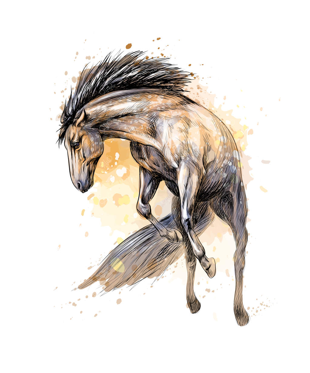 اسب در حال یورتمه از پاشیدن رنگ‌ها. طرح دستی و تصویرسازی رنگ‌ها