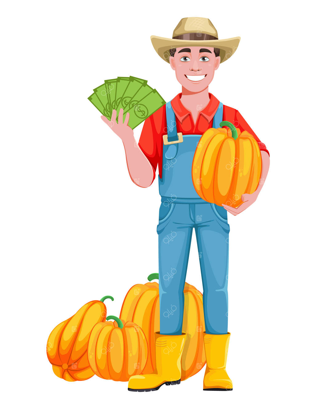 کشاورز خوش‌تیپ: شخصیت کارتونی کشاورز شاد با کدو حلوایی و پول