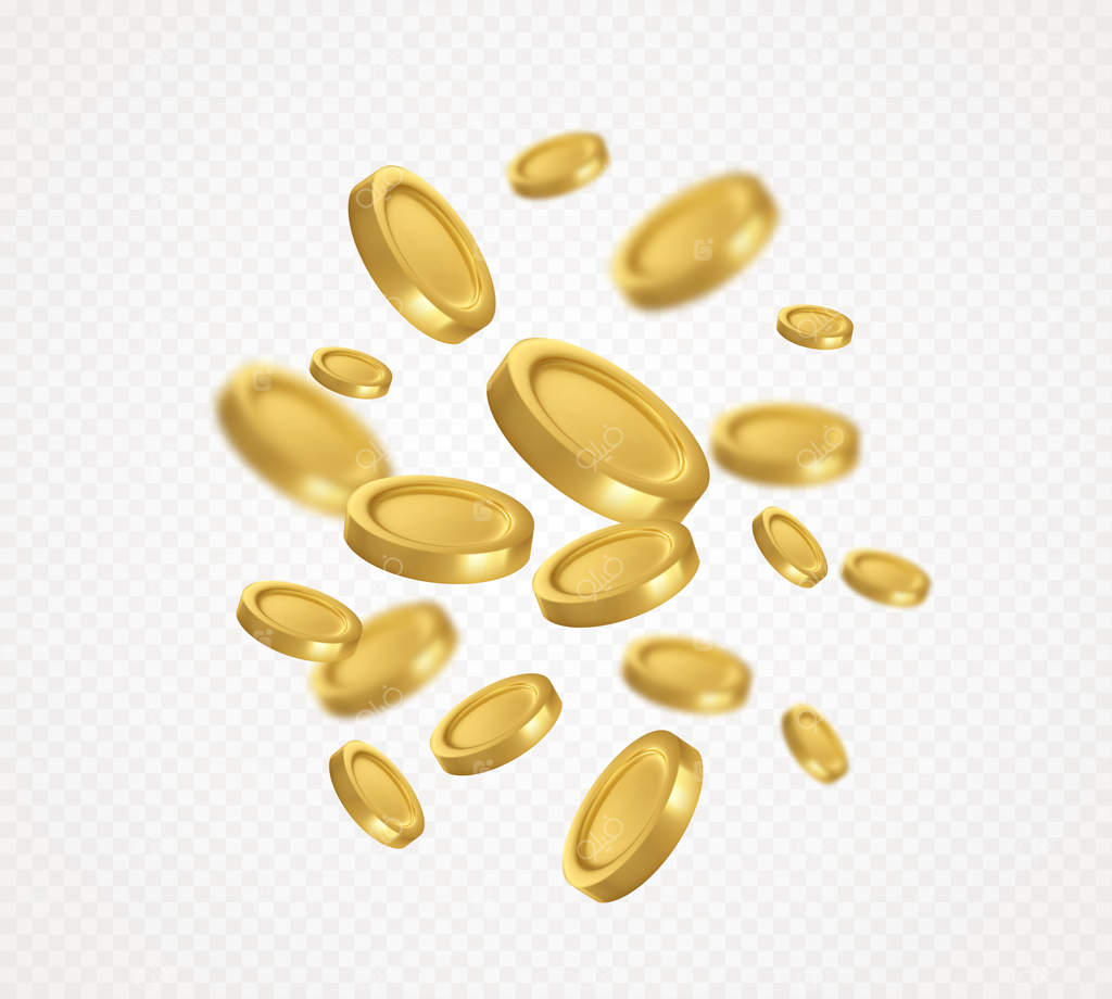 پرواز سکه‌های طلایی بر زمینه شفاف سفید.