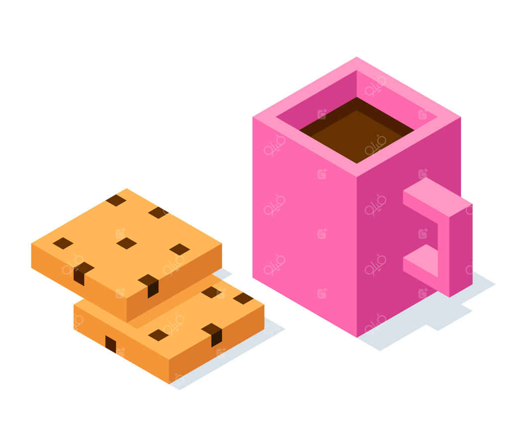 قهوه و کوکی‌ها در نمای ایزومتریک سه‌بعدی