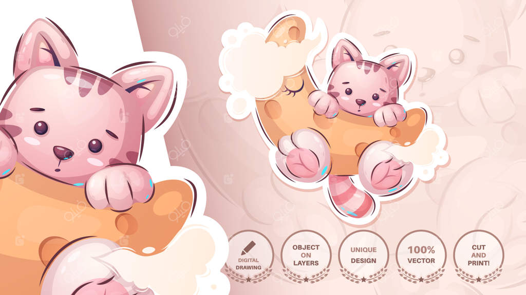 استیکر شخصیت کارتونی گربه بامزه روی ماه